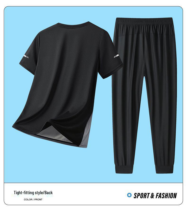 2026 Summer Men's Ice Silk Casual Sports Set: Round Neck Short Sleeve & Long Pants