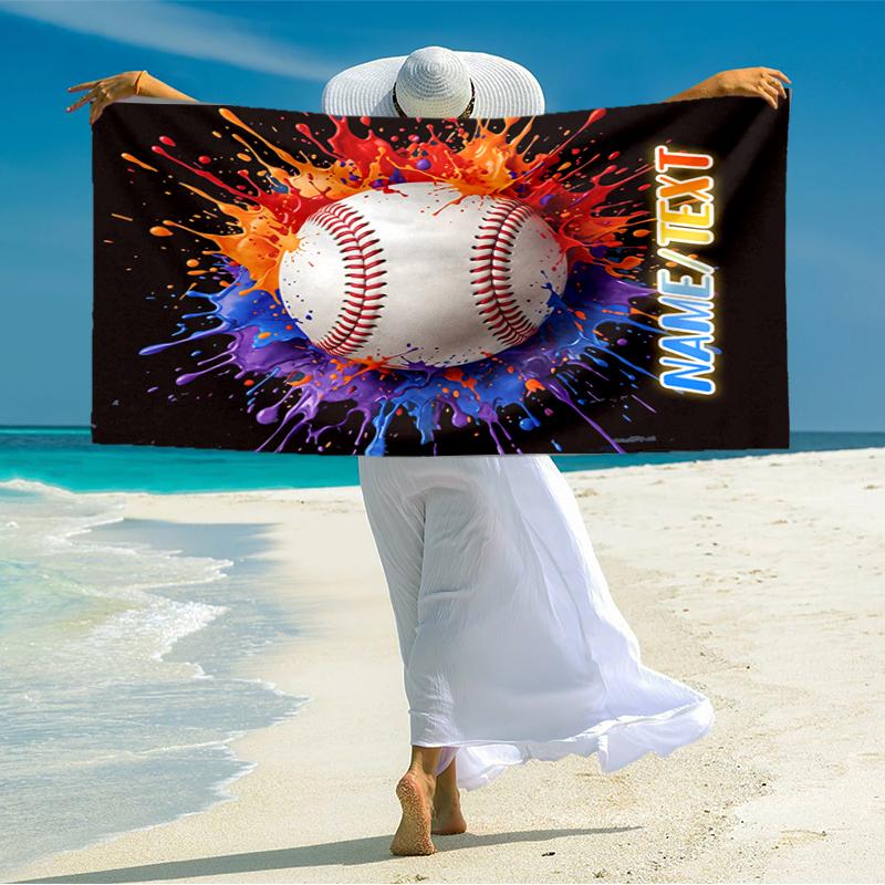 1PC Custom Name Baseball Splash Artwork Beach Towel Highly Absorbent And Sand-Resistant Towel for Swimming, Pool, Yoga, And Travel Lightweight
