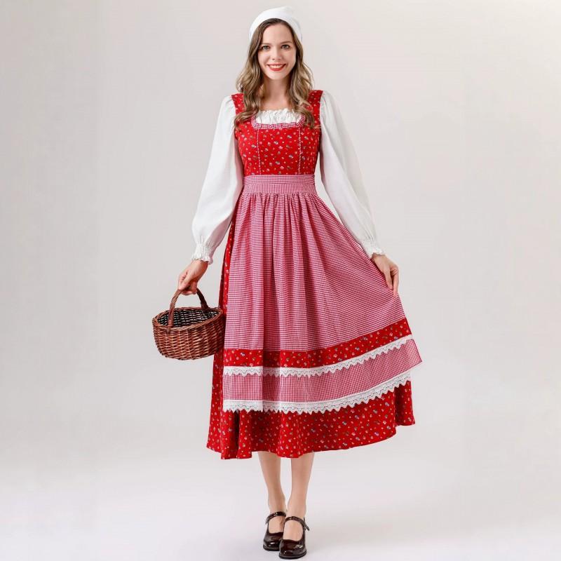 S-XL Halloween Little Red Riding Hood Cosplay Dress Retro Farm Party Costume Women