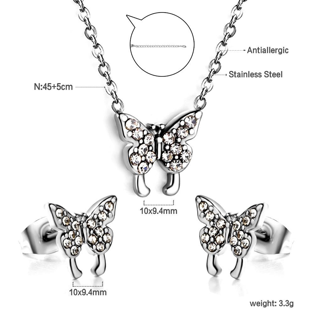 Fashion Versatile Sticky Diamond Jewelry Small Fresh Crown Heart Pendant Necklace Small Earrings Stainless Steel Jewelry Set Women