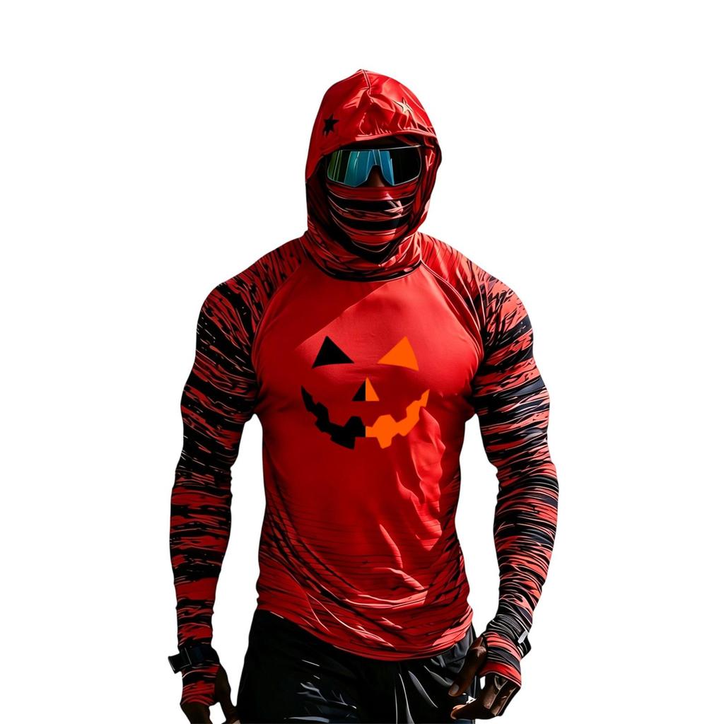 Men's Long Sleeve Hooded Sun Top with Color Block Raglan Sleeves Halloween Print