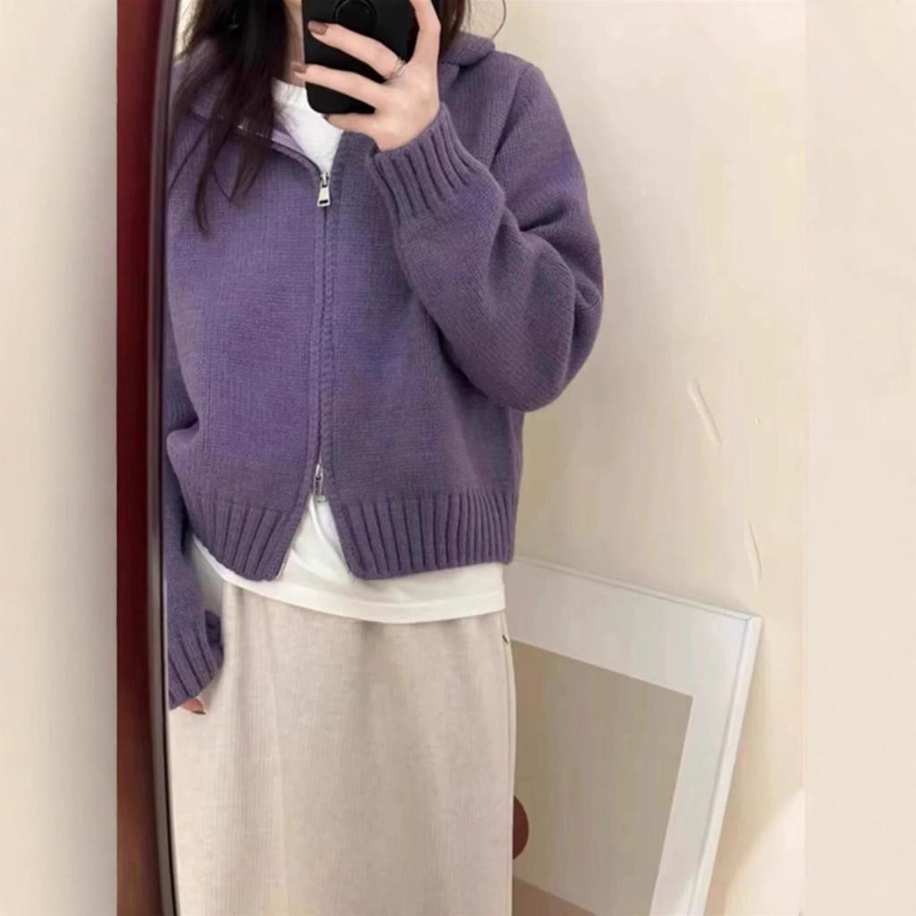 Women's Autumn/Winter Hooded Wool Knit Cardigan - Double Zipper Short Loose Sweater Coat