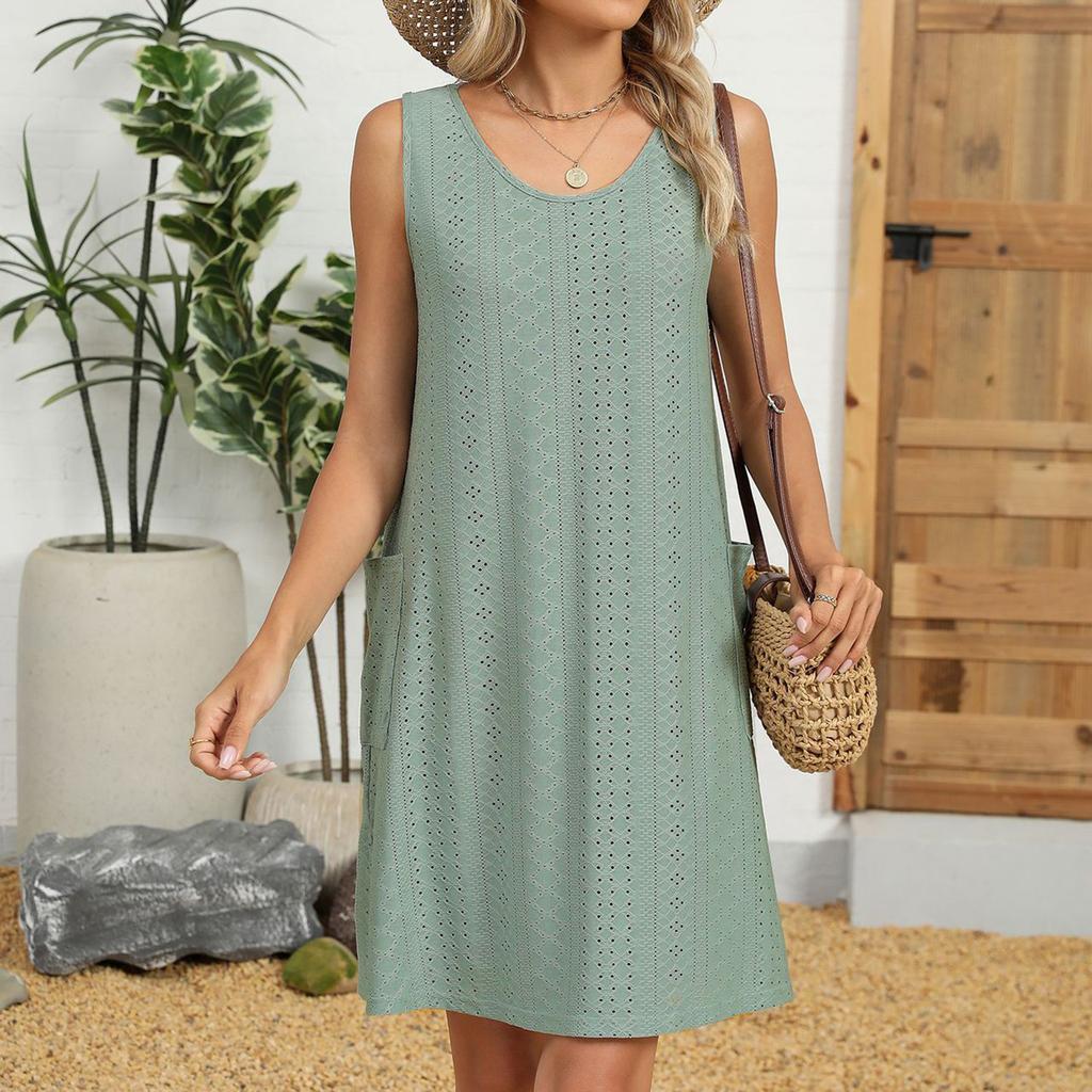 Sleeveless Scoop Neck Casual Loose Fit Mini Dress with Side Slits and Subtle Pattern for Women Summer Beach Wear