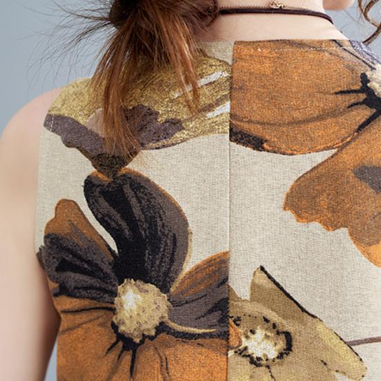 Boho Plus Size Cotton Linen Dress for Women Summer Sleeveless Printed Loose