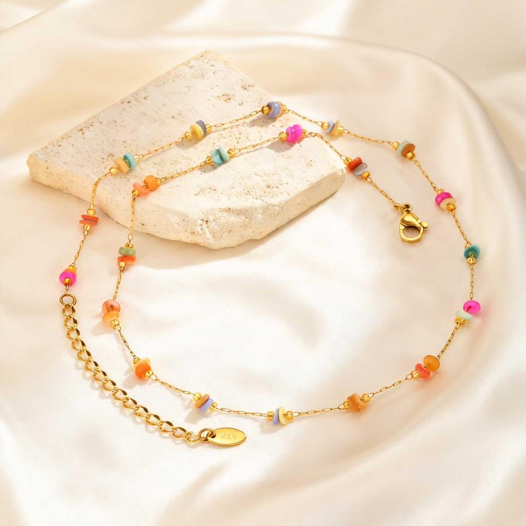 Bohemian Colored Natural Stone Necklace for Women,Gold Plated Stainless Steel O-Chain Necklaces,Fashion Waterproof Jewelry Gifts