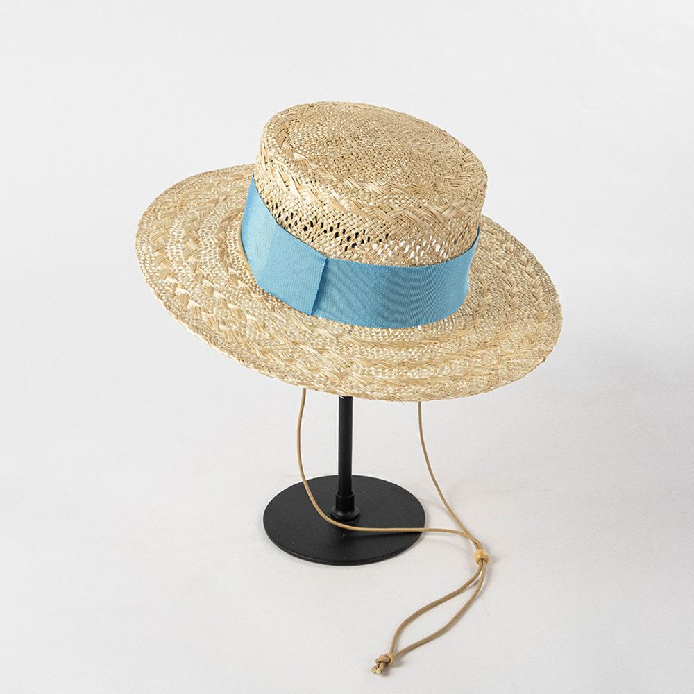

USPOP Women Spring and Summer New Fashion Sun Protection Sun Hat with Tie Straw Hat Hand-woven Hollow Sisal Flat Top Straw Hat 56-58cm небо синє кольору