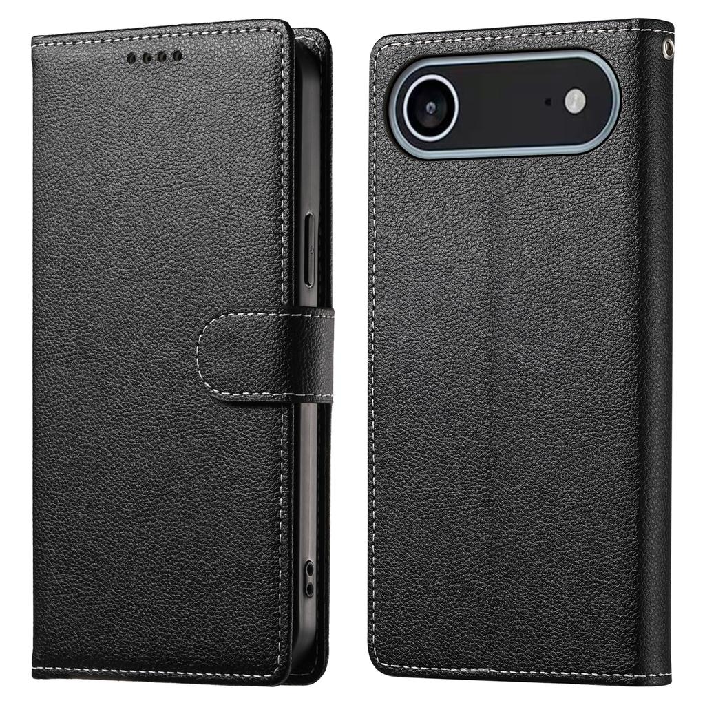 For iPhone 17 Air Case Magnetic Snap Litchi Texture Leather Wallet Phone Cover with Wrist Strap
