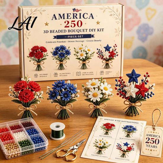 Craft Hobby for Adults America 250 Beaded Bouquet DIY Kit 4th of July Patriotic Flower 3D Kit Handmade Set 1776-2026 Independence Day Making