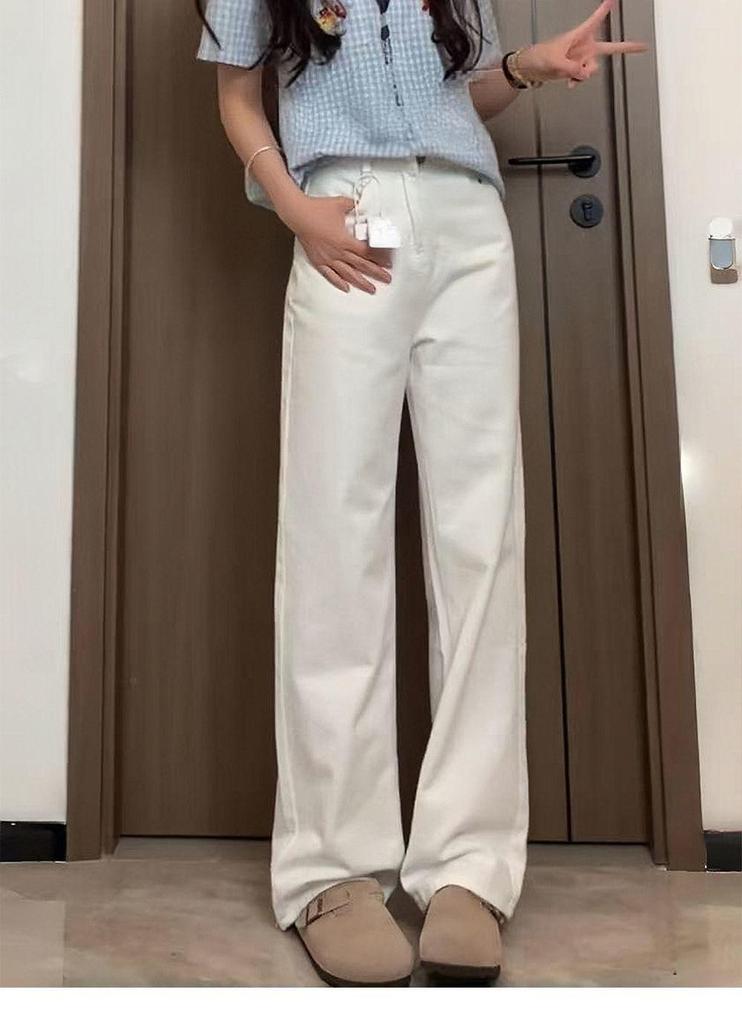White Denim Plus Size Wide-Leg Pants for Women - Loose Fit, Autumn Style, Slimming, Hip-Covering, Pear-Shaped, Straight Leg.