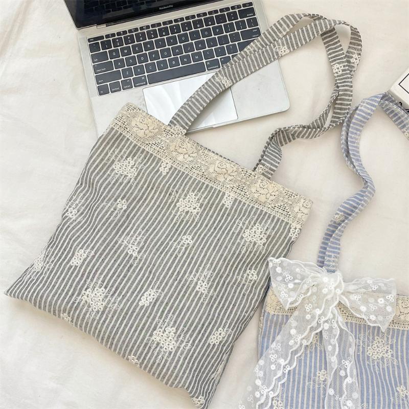 Big Pouch Tote Bag Lace Shoulder Bag With Ribbon Korean Style Simple Canvas Handbag Cloth Kawaii Large Capacity Bag Travel