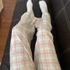Loose Casual Long Pants Women Chic Wide Leg Pants Plaid Straight Leg Pants  Indoor Outdoor
