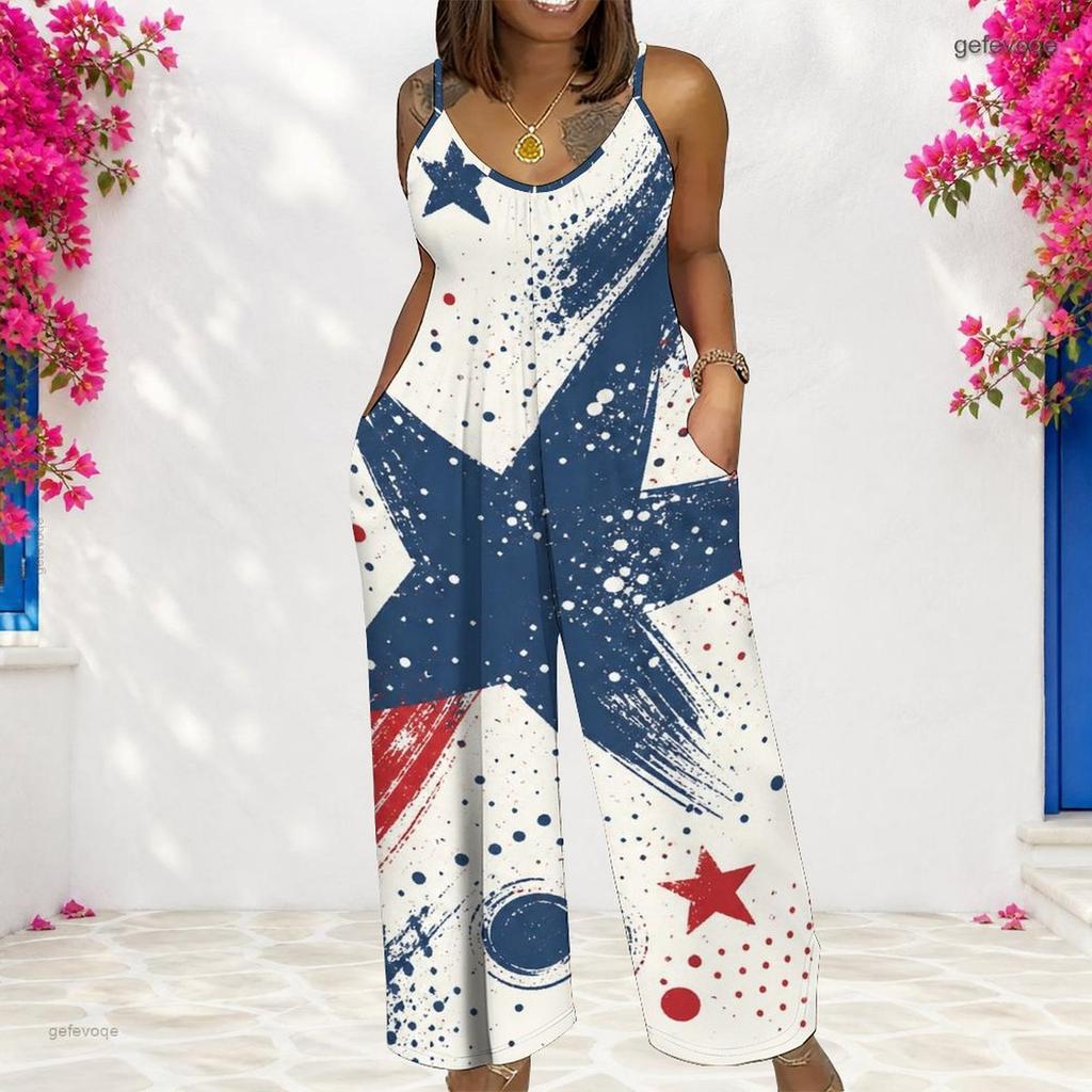 Women Spaghetti Strap Jumpsuit Rainbow Heart Star Print Wide Leg Pants With Pockets