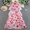 Summer Women Elegant Turn-down Collar Designer Print Long Midi Runway Party Shirt Dresses With Belt