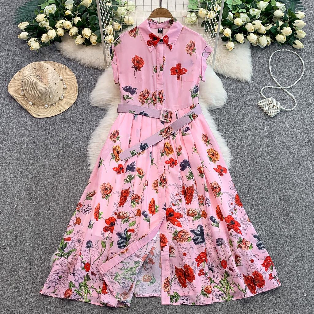 Summer Women Elegant Turn-down Collar Designer Print Long Midi Runway Party Shirt Dresses With Belt