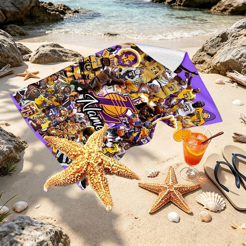 Custom Name Personalized Los Angeles Lakers basketball Print Beach Towel, for Trip Camping Beach Party Home Decor, Birthday Gift for Family & Friends