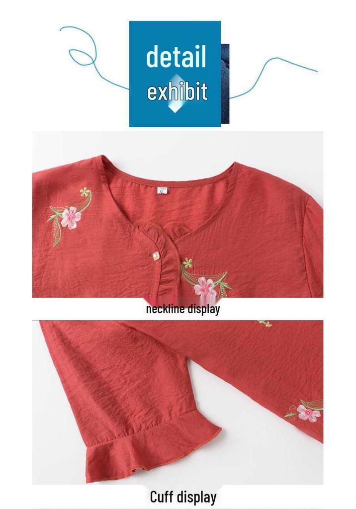 Mom's Chinese-Style Summer Set: Short Sleeve Embroidered Top for Middle-Aged & Elderly Women
