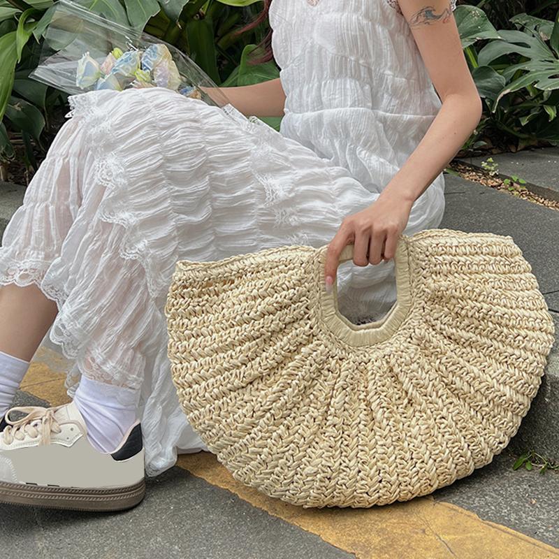Woven Straw Bag Moon Large Capacity Purse and Handbag For Women Beach Basket Bags Fashion Travel Shoulder Shopper Totes