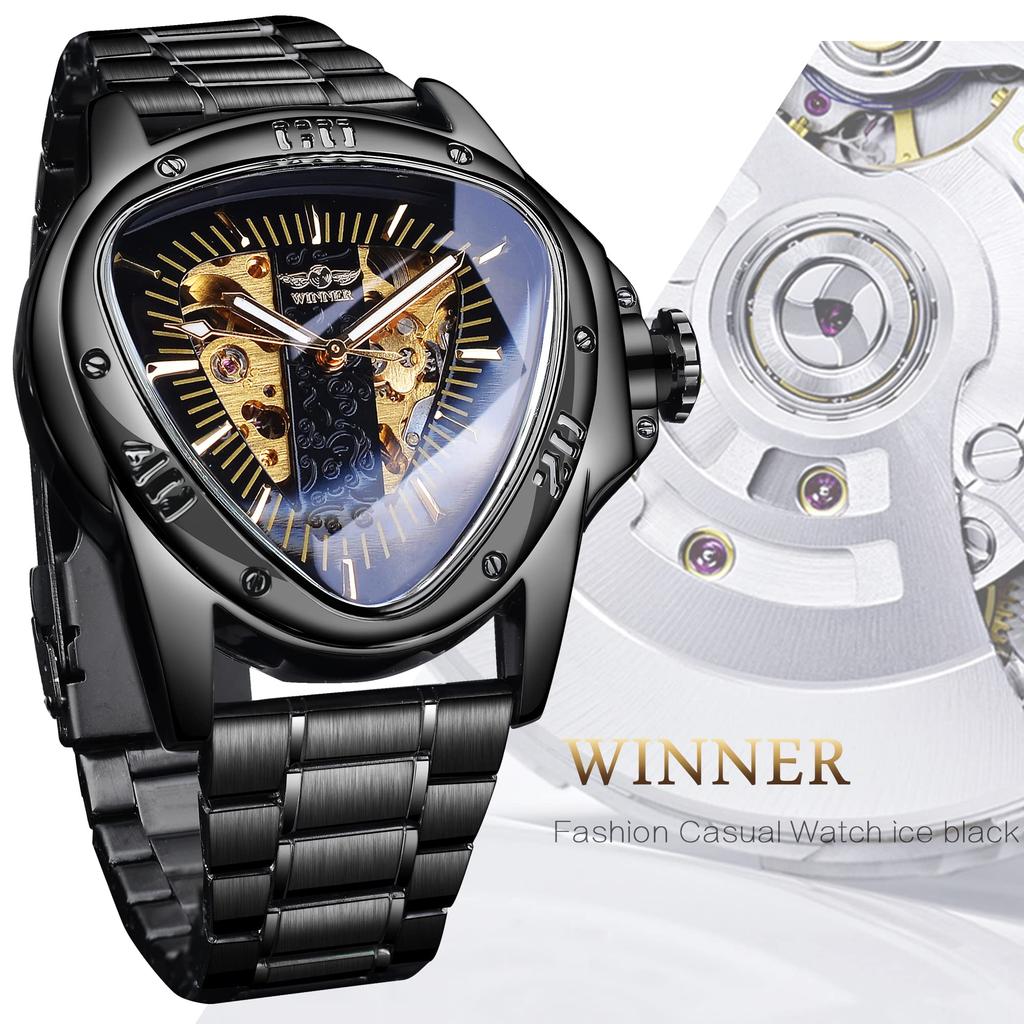 FORSINING Mechanical Wristwatch Triangle Racing Dial Waterproof Gold Skeleton Dial Automatic Movement Leather Design Men Black L Classic