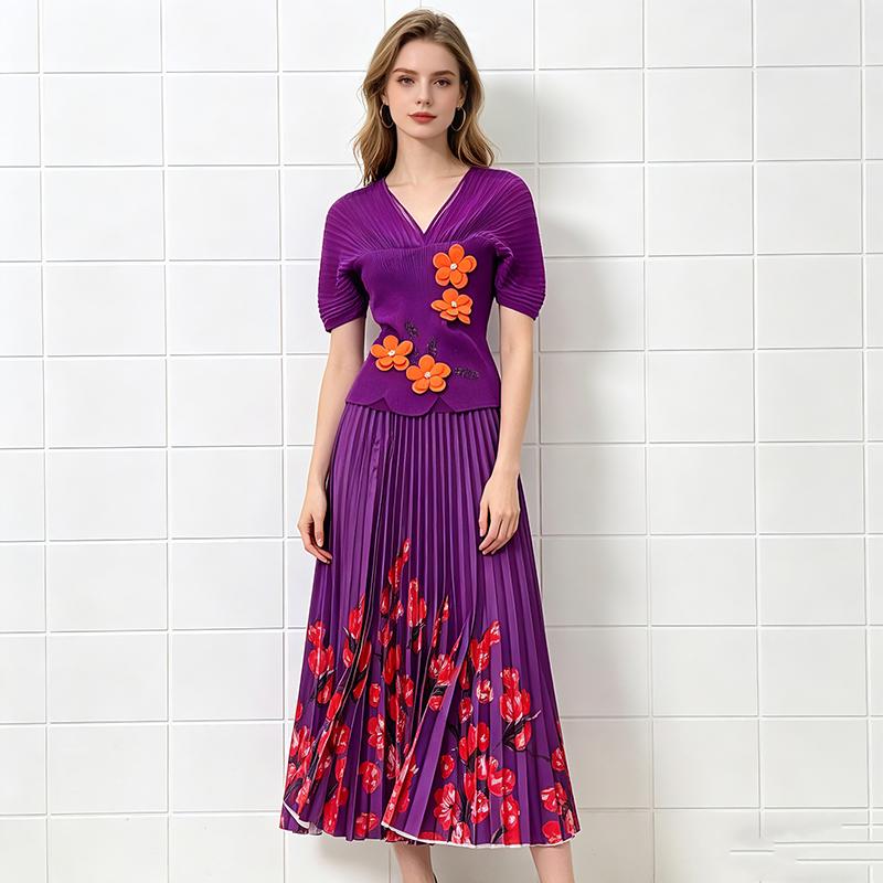 Miyake Pleated Two Pieces Skirt Suit Women 3D Flower Metal Batwing Sleeve High Stretch Blouse Tops + A-Line Maxi Skirt Sets