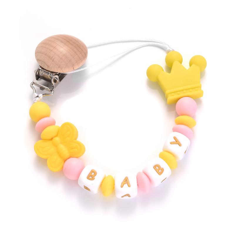 Round Wood Baby Dummy Holder Clip Crown Butterfly Silicone Beaded Teether Custom English Letter Name Pacifier Chain Nursing Toy