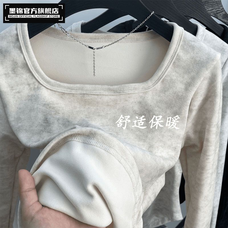 Square Collar German Velvet Bottoming Shirt for Women Autumn Winter 2025 New Popular Tie-dye Slim Fit Warm Inner Top