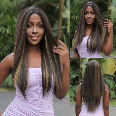Long Straight Highlight Part Lace Wigs Brown Wig Daily Cosplay Hair Wigs for Women High Quality Synthetic Wig