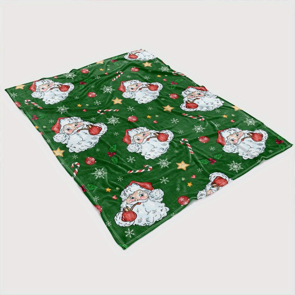 Green Vintage Santa Claus Flannel Blanket, Cartoon Santa Pipe Snowflake Candy Cane Print Soft Warm Blanket for Sofa Bed Xmas Holiday Home Decor Gift