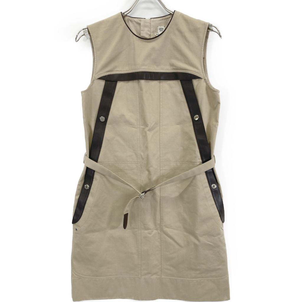 HERMES [/Domestic Regular] Leather/Cotton Switch Sleeveless Top with Belt dress 36 beigeUsed