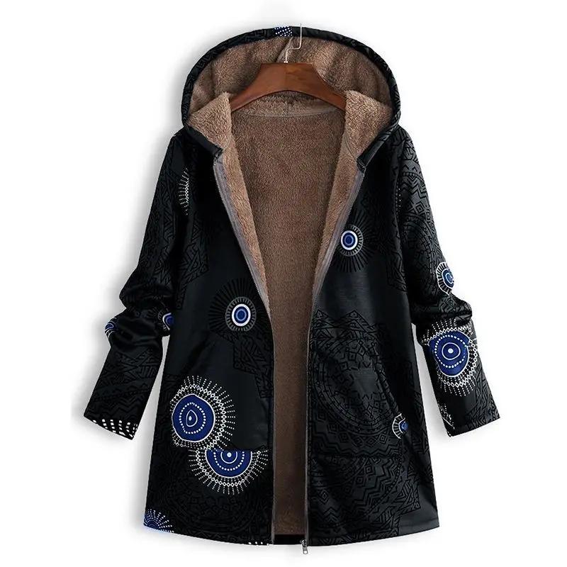 Printed Hooded Coat Long Sleeve Jacket Oversized Vintage Female Cltohing Autumn Winter Warmth Women Jackets Fashion Streetwear