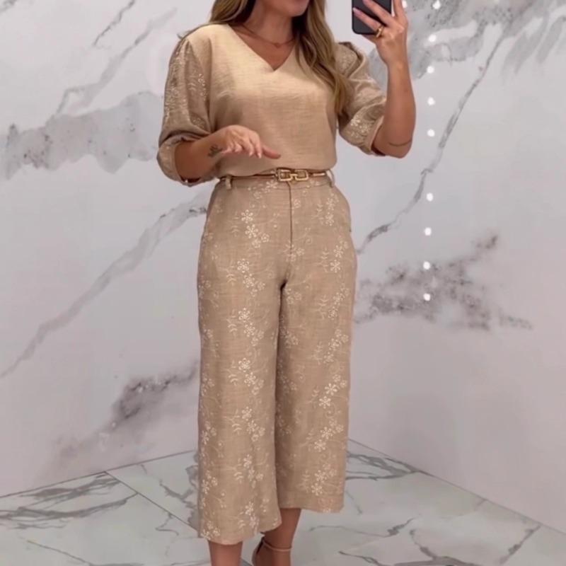 Летний комплект: кружевная блузка и прямые брюки с широкими штанинами для женщин XXXXL верблюд