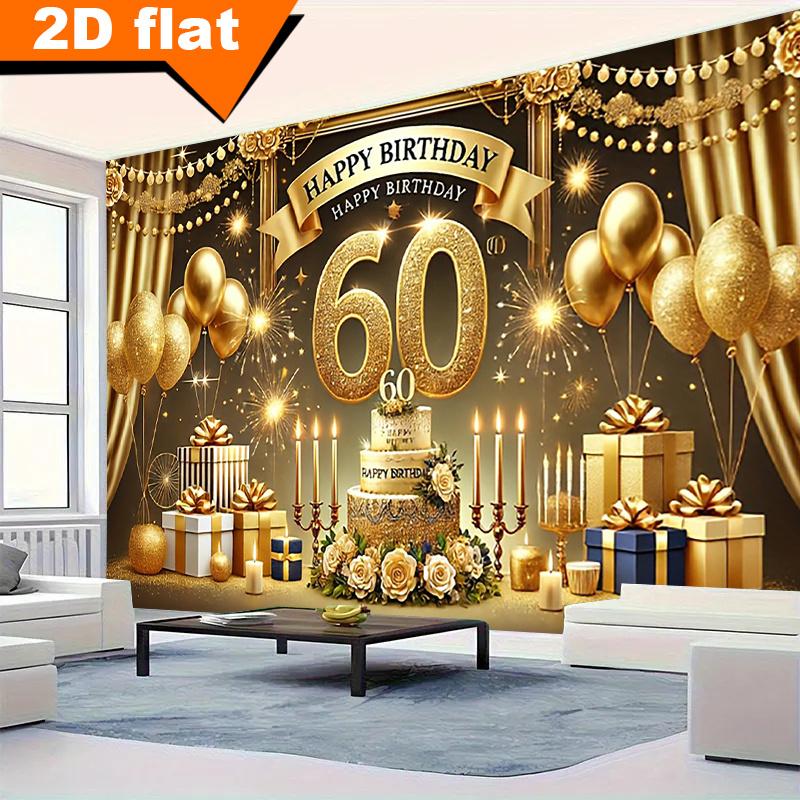 2D Plane - 1 Piece - Luxurious 60th Birthday Polyester Banner - Golden Glitter - Happy Birthday At 60 - Background Cloth