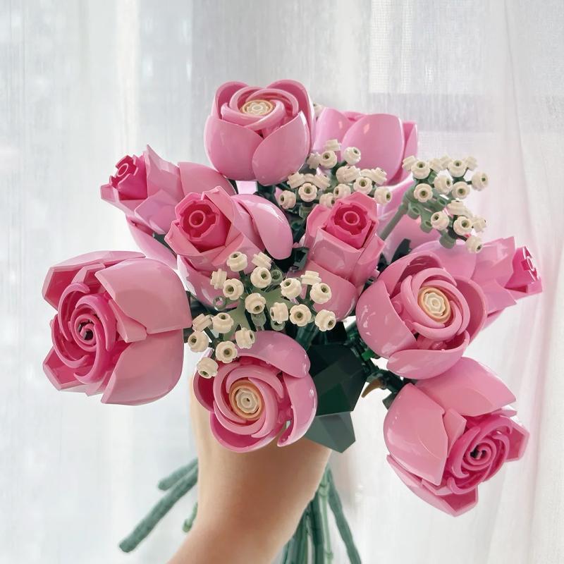 Pandara Jewelry Pink Non-Toxic .789Pcs Bouquet Of Roses Compatible 10374 Construction Home Dcor Artificial Flowers Building Blocks Bricks Christmas Gift