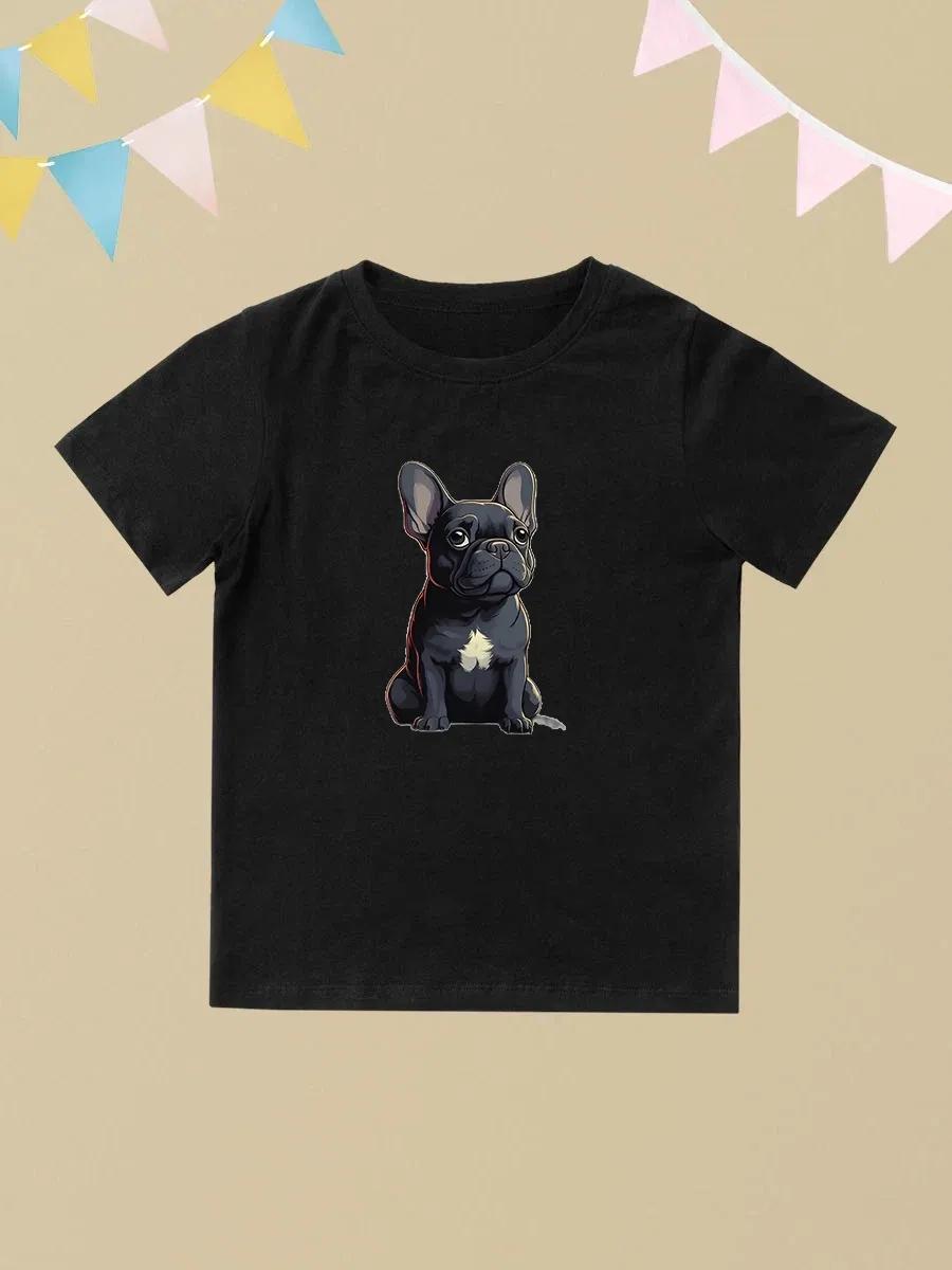 Round Neck Printed Pattern Pullover Short Sleeve Kids Tops French Bulldog 150