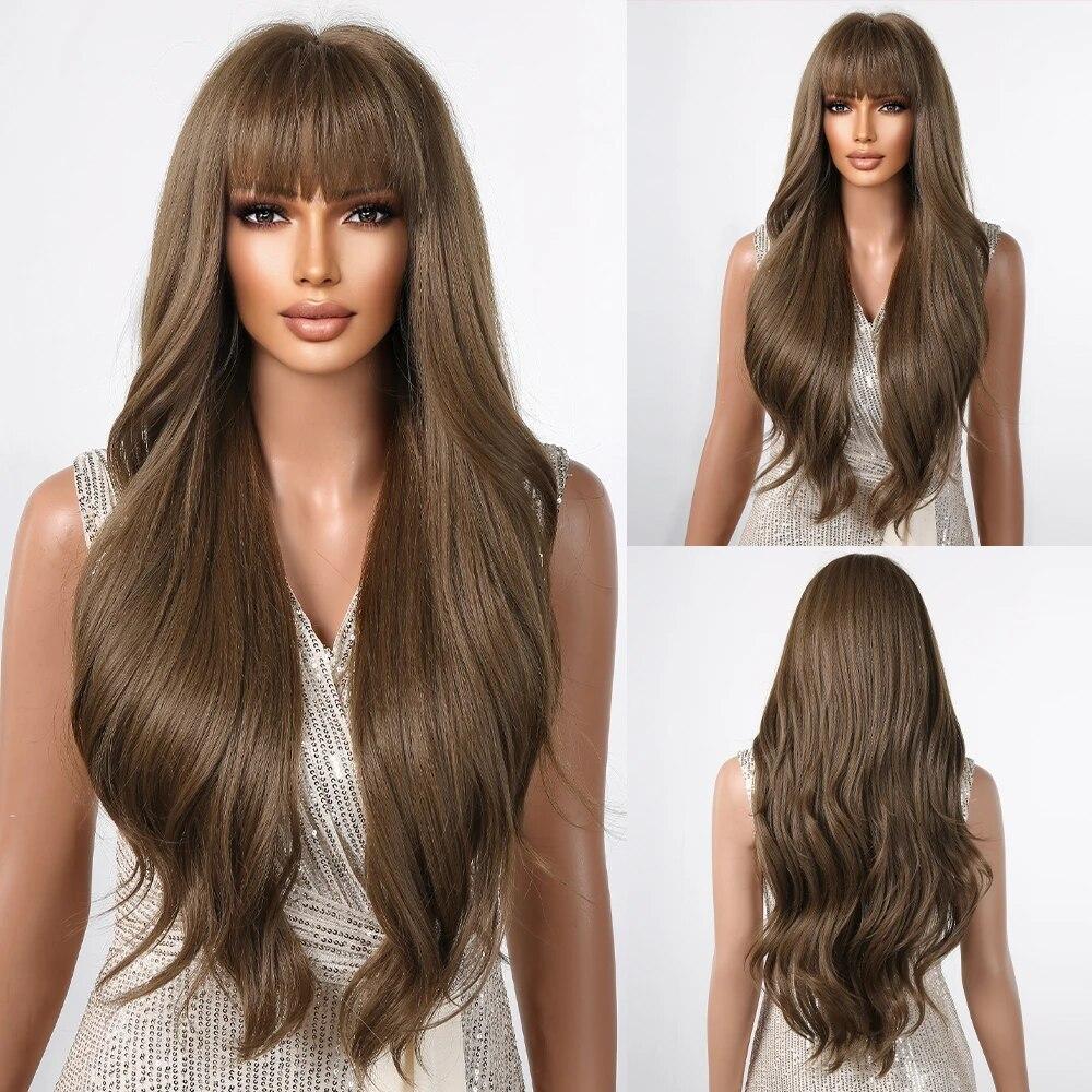 Long Water Wave Synthetic Wigs with Bangs Natural Ginger Brown Loose Curly Wavy Wig for Black White Women Heat Resistant Daily