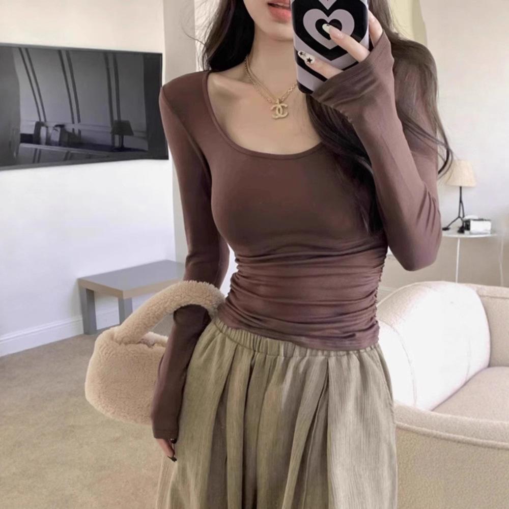 

11 Modelke, Spice Girl long-sleeved t-shirt thin autumn new square neck solid color shirt 2XL темно-коричневого кольору