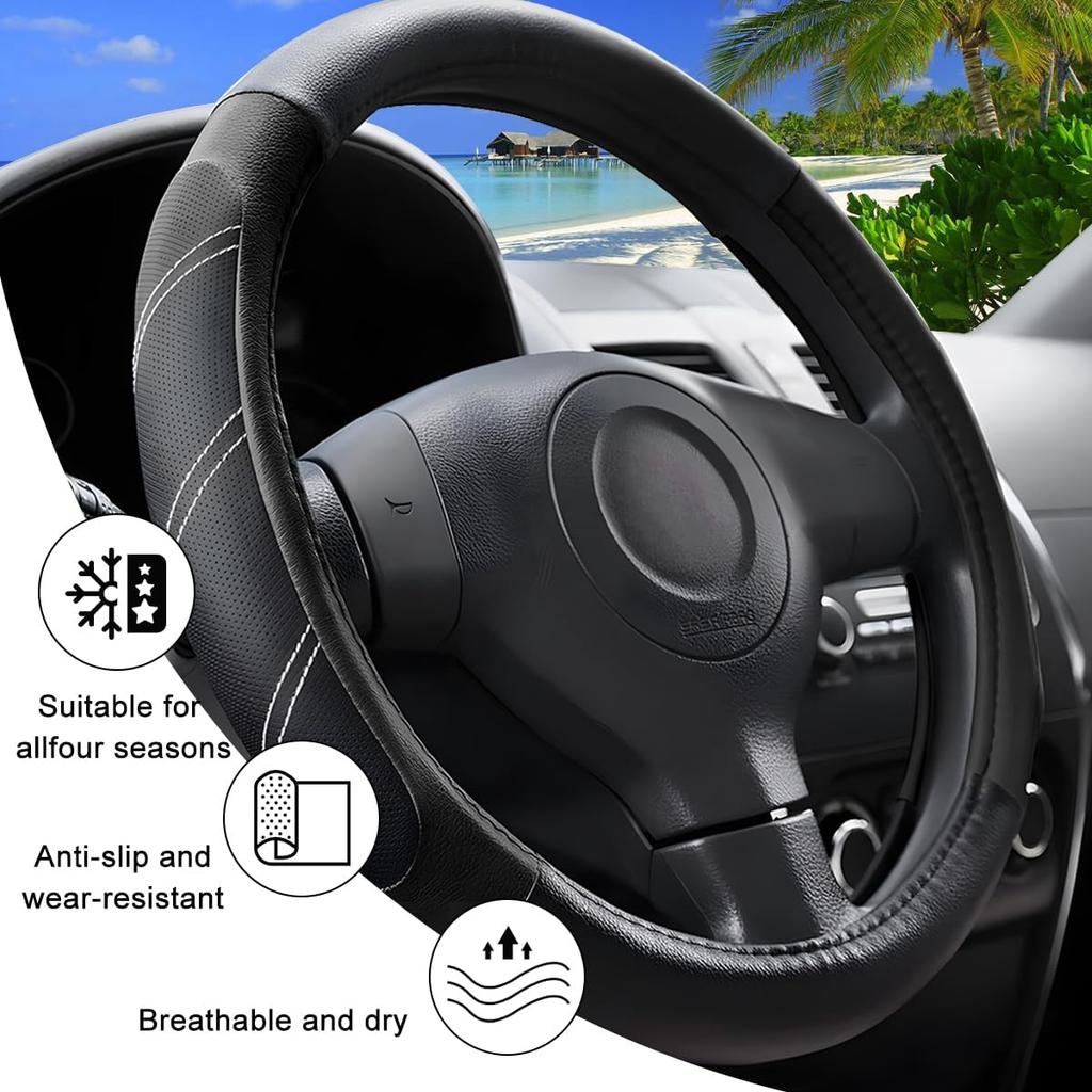 Car Steering Wheel Cover, 15 Inch Carbon Fiber Leather Non-Slip Steering Wheel Protector With Lining, Breathable Automotive Interior Accessories,