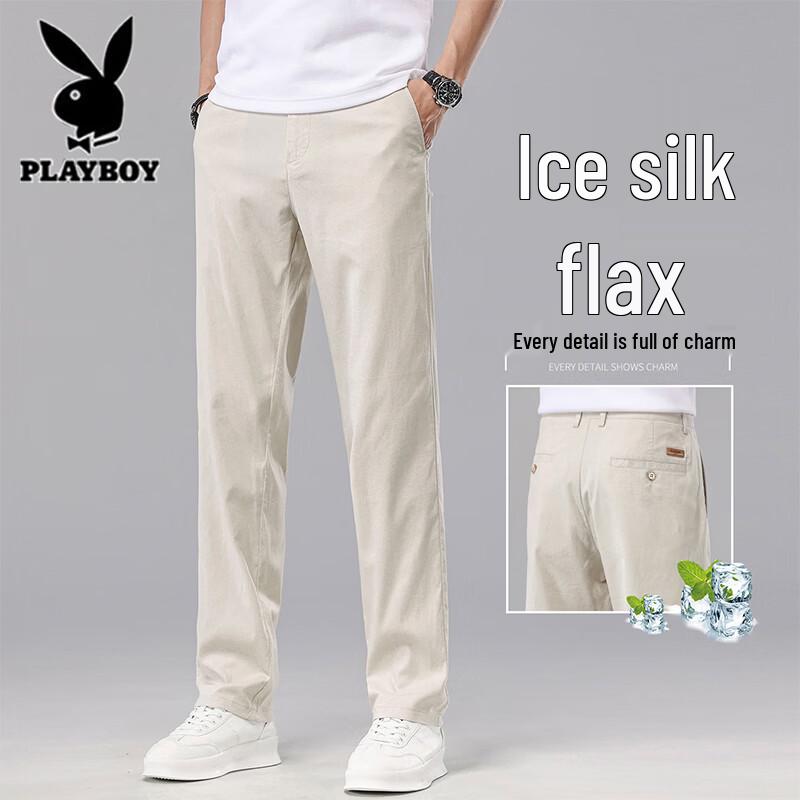 Playboy Men s Lightweight Ice Silk Linen Straight-Leg Casual Pants 32