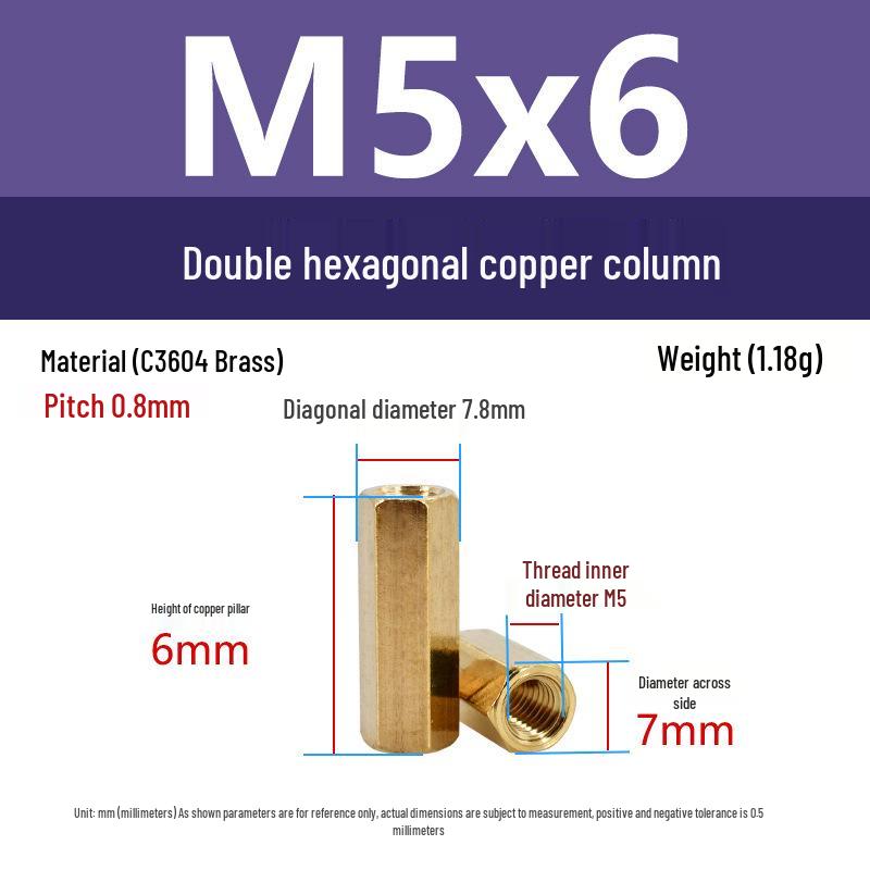 Hexagonal Copper Double-Through Internal Thread Standoff for Chassis/Motherboard, Hollow, M5/M6/M8.