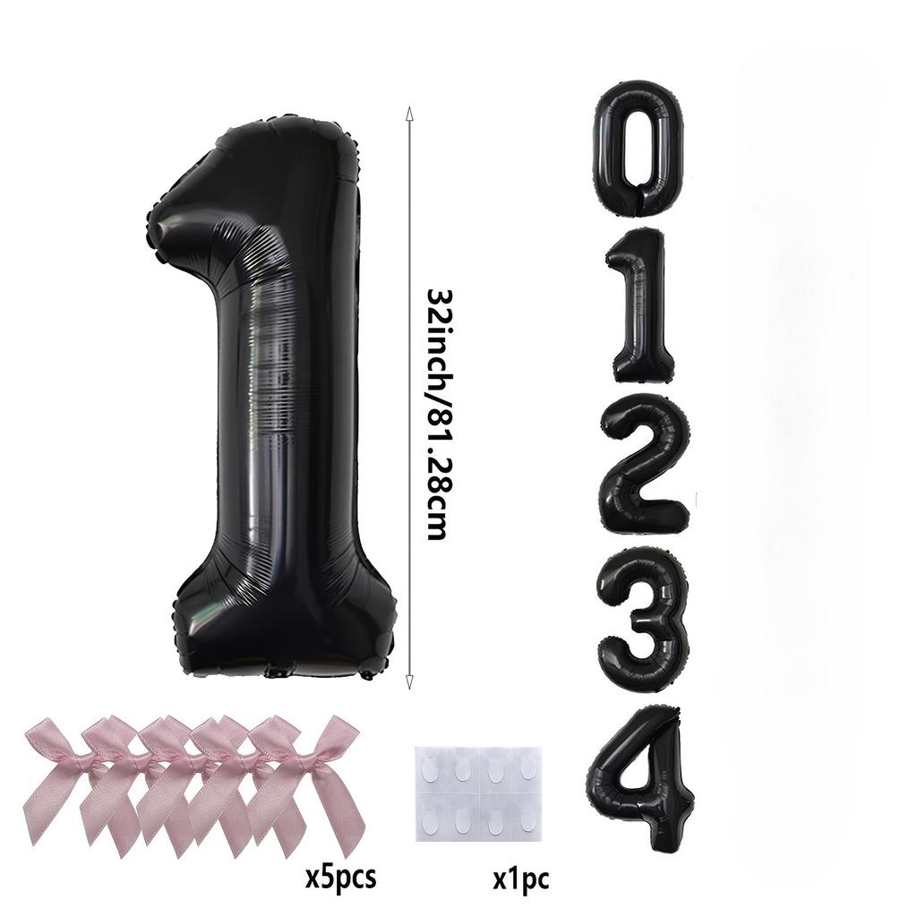 5pcs Black Large Balloon Number 0-9 with Pink Bow, Birthday Party Supplies Decorations, Suitable for Birthday Parties, Weddings