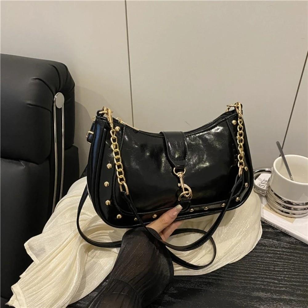 Casual PU Women Shoulder Bag Large Capacity Water-Resistant Crossbod Bag with Hook Lock Metal Rivet Decoration Underarm Bag
