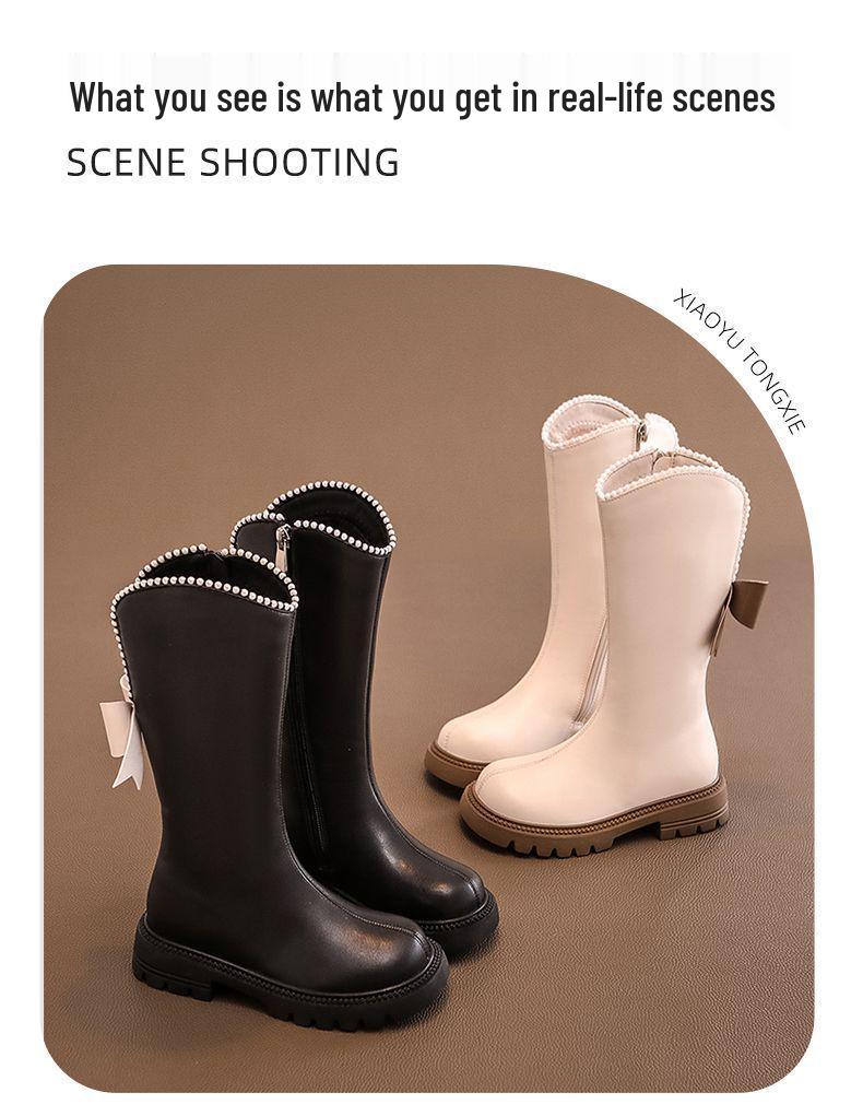 Girls' Fleece-Lined High-Top Long Leather Boots - 2025 Autumn/Winter Collection