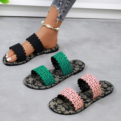 Cross-border Large-size Flat-bottomed Slippers for Women's Summer Outer Wear One-word Drag Hollow Fashion Printing Casual Beach Sandals