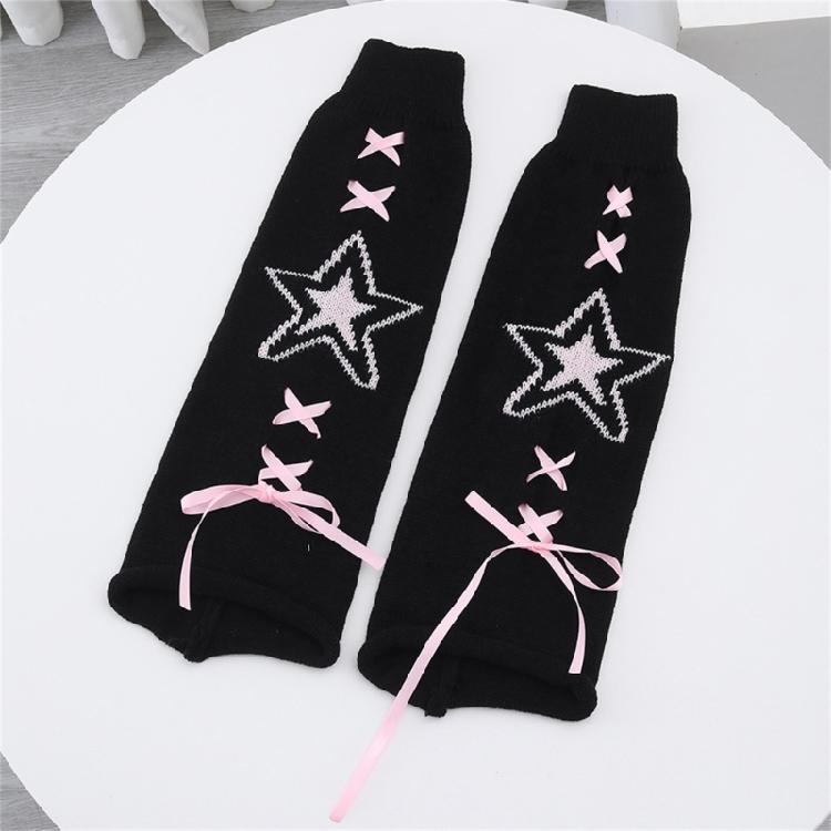 Women's Knitted Leg Warmers with Star Pattern and Ribbon Ties Harajuku Fairycore Flared Foot Covers Footless Long Socks