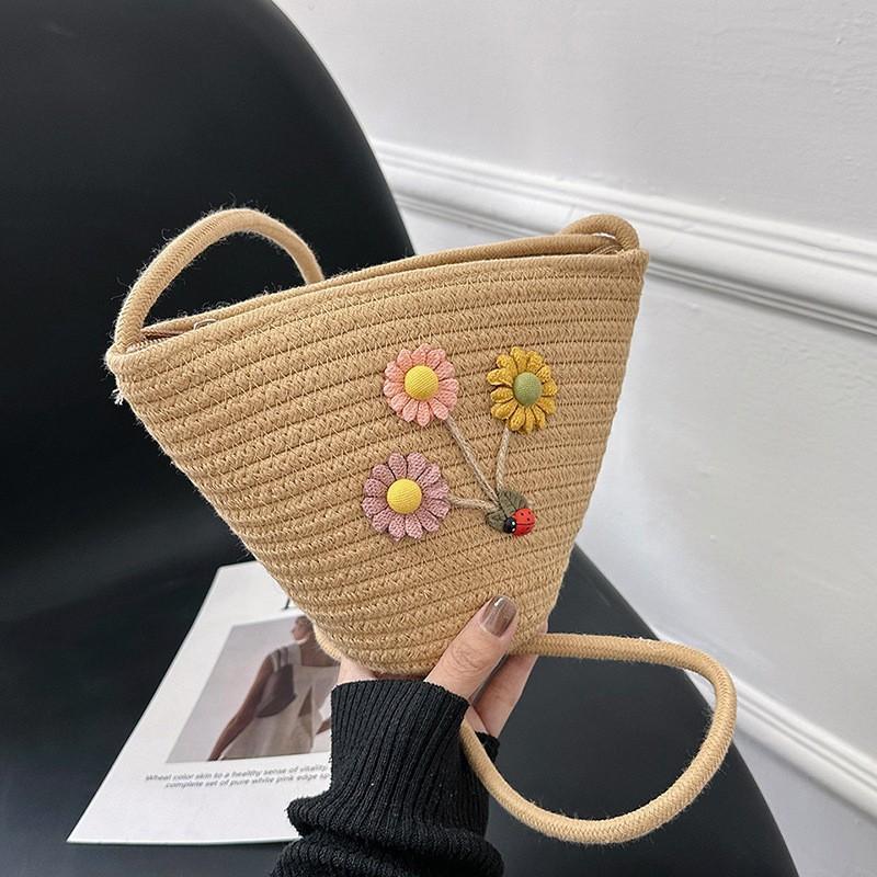 

Clear Mini Bucket Bag One-shoulder Crossbody Foreign Flavor Cotton Thread Beach Vacation Girl s Flower хаки