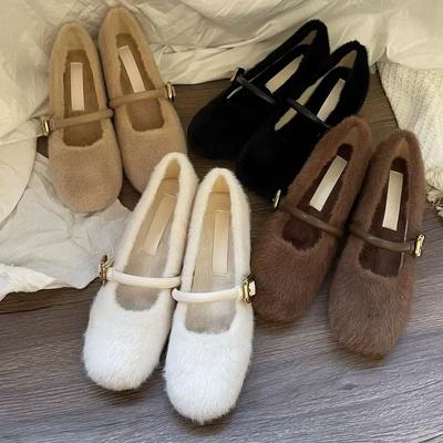 Neuer Stil Elegante Schnallenriemen Fell Mary Jane Schuhe Frau Gemütliche Weiche Flauschige Ballerina Damen Plüsch Flache Loafer Prägnantes Kleid