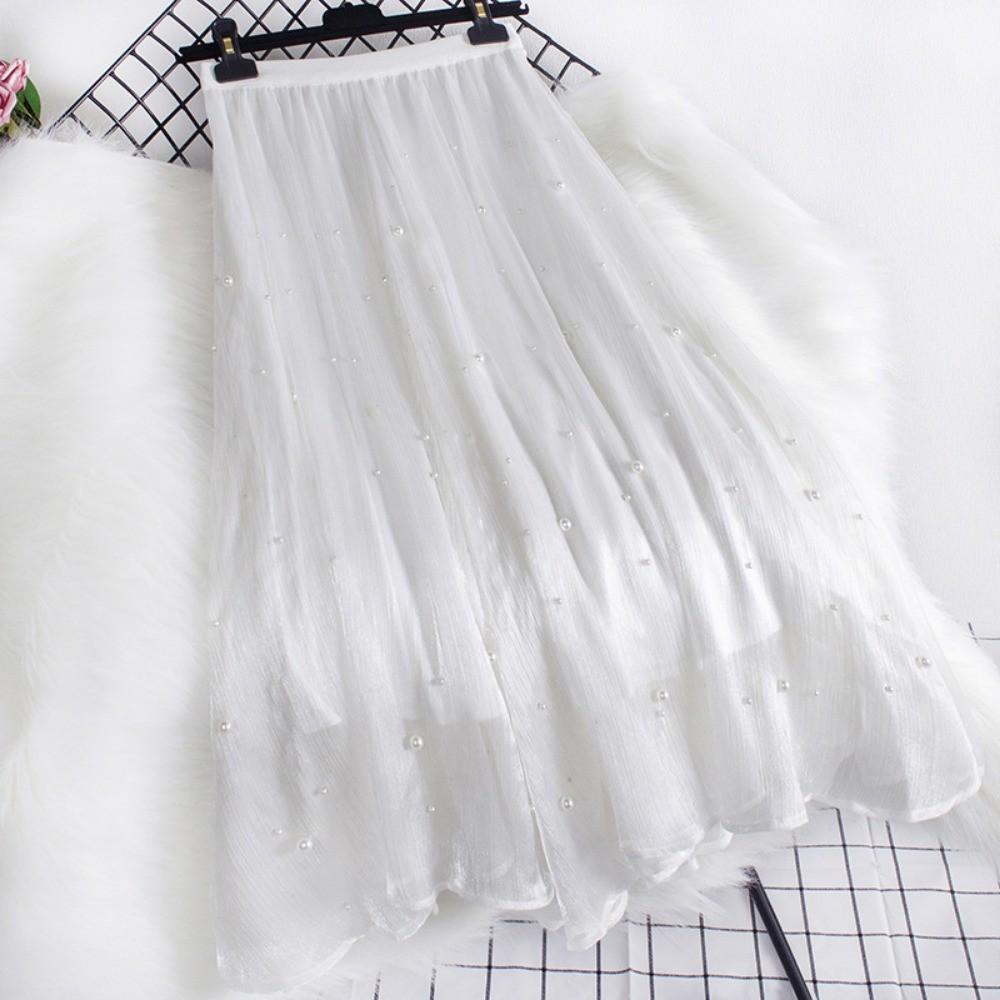 Qooth Women A Line Bead Chiffon Skirt Wide Hem Mid  Length Elastic Waist Slim Casual Skirt QT2650