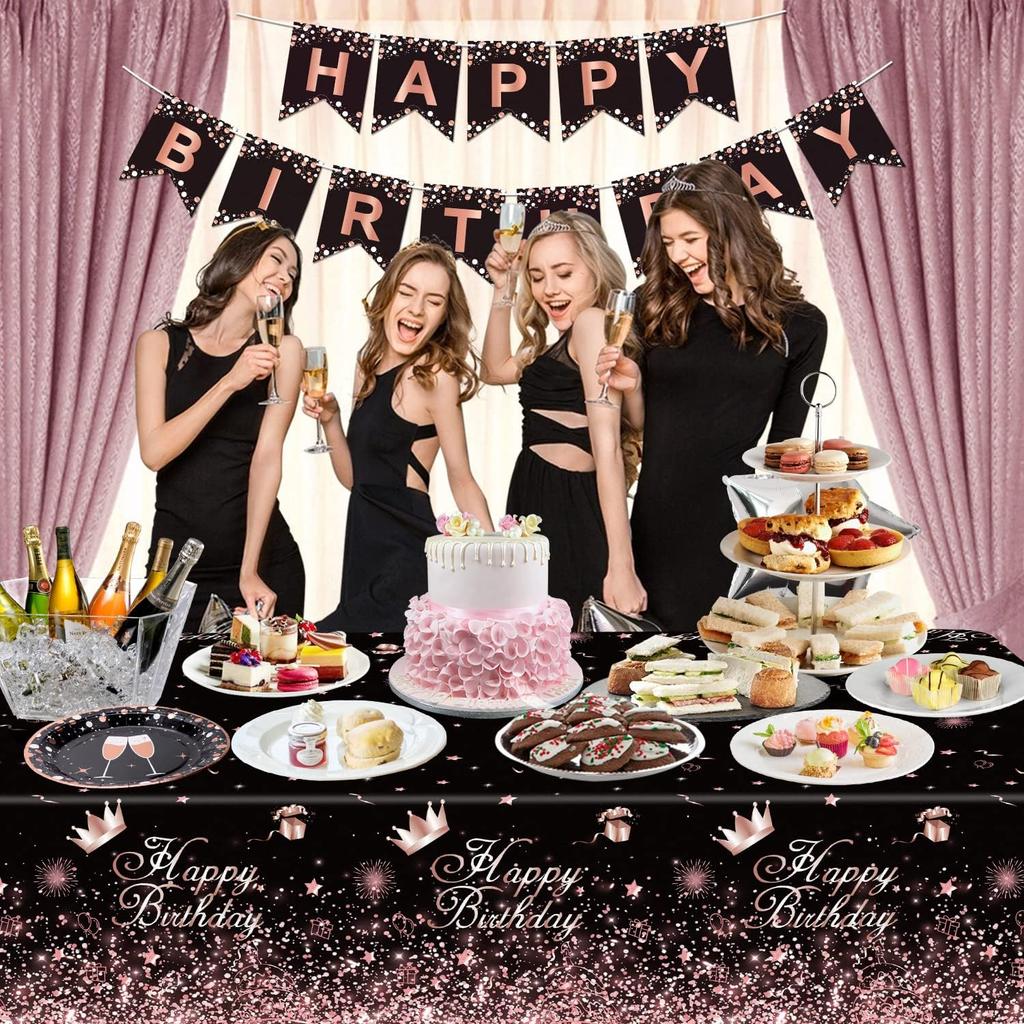 Black Rose Gold Plastic Tablecloth (Pack of 4), 86 x 51 inches Party Tablecovers for Black Rose Gold Theme Birthday Party Supplies