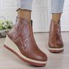 Fashion Retro Embroidered PU Leather Ankle Boots for Women Wedge Heel Platform Walking Shoes Woman Thick Sole Zip Short Boots Plus Size