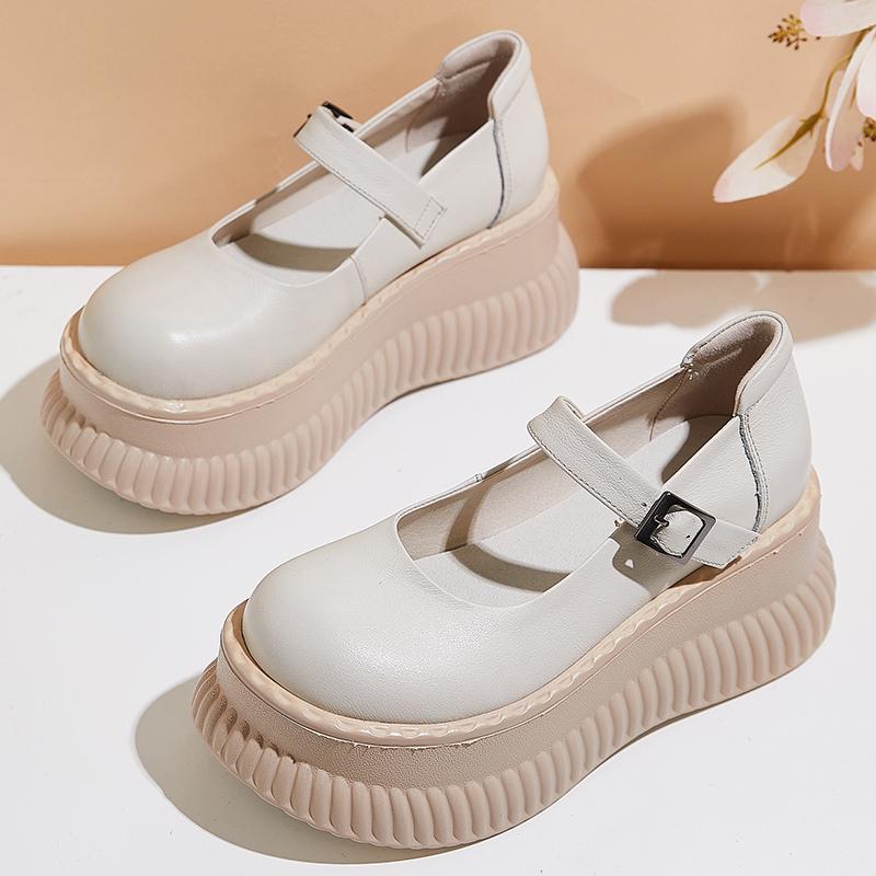 Fashion GKTINOO 2024 Spring Retro Women Genuine Leather Shoes 7CM Wedges Heels Shoes Thick Sole Casual Ladies Platform Shoes Mary Janes