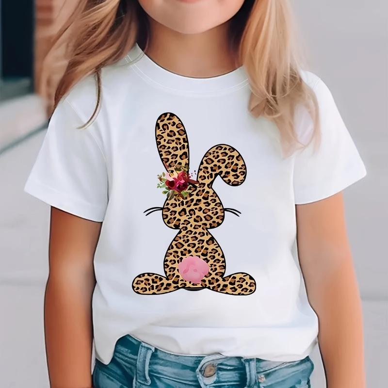 

Girls Casual Leopard-print Rabbit-pattern T-shirt for Summer, Children s Fashionable Short-sleeved T-shirt 1-2Y белый